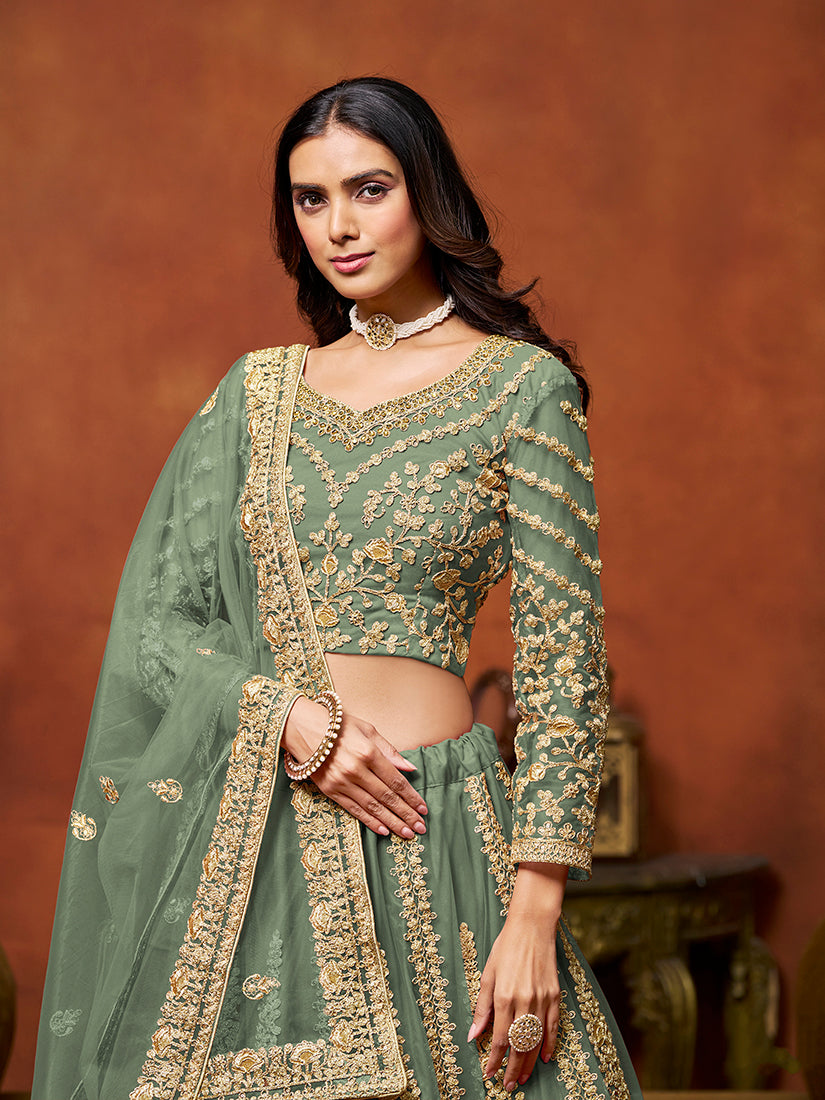 Green Net Embroidered Designer Lehenga Choli for Divas