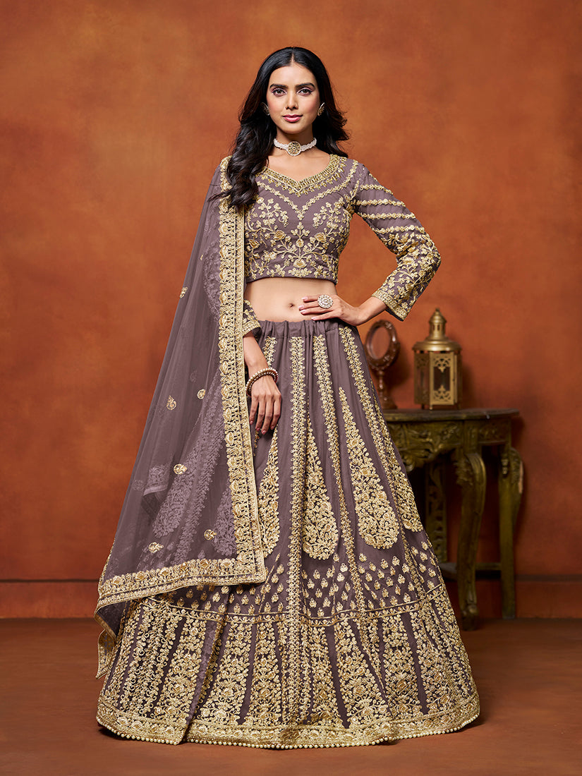 Purple embroidered designer lehenga choli in net fabric