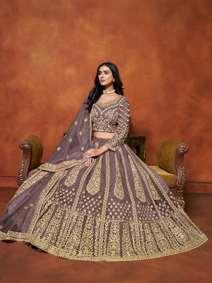 Purple Net Embroidered Designer Lehenga Choli for Weddings