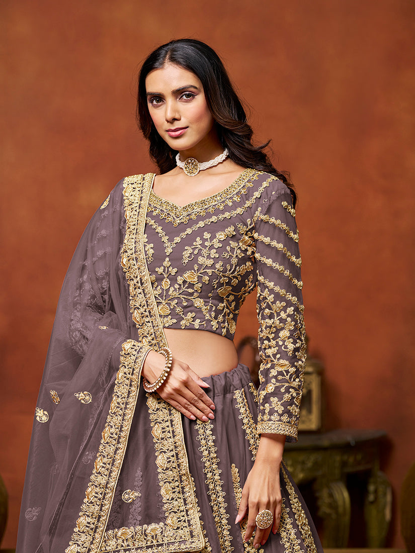 Purple Net Embroidered Designer Lehenga Choli for Weddings