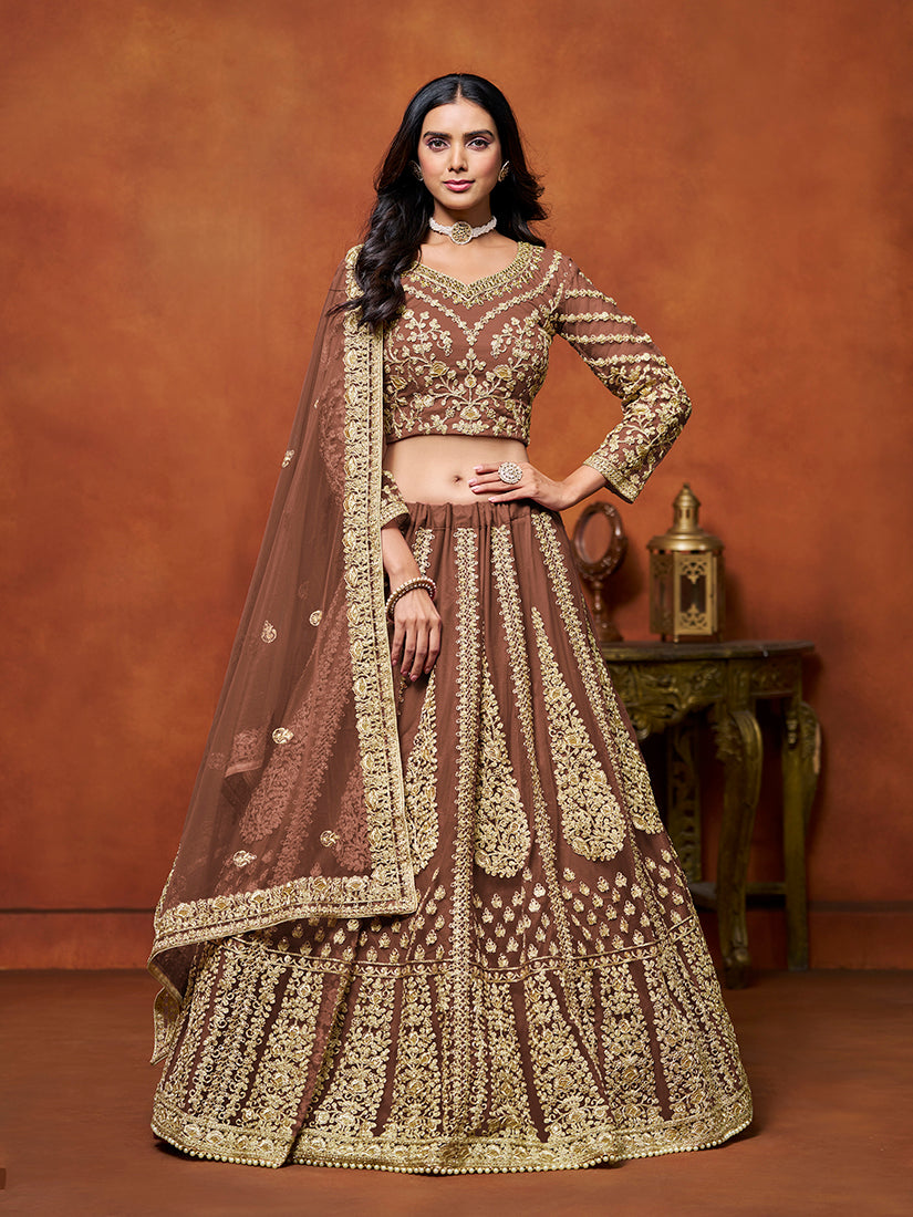 Elegant brown embroidered designer lehenga choli made of net fabric