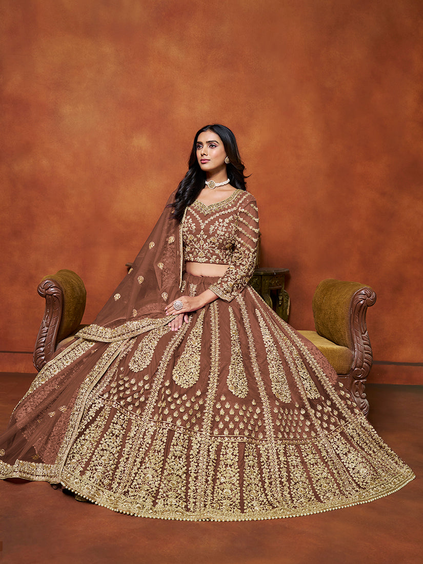 Brown Net Embroidered Designer Lehenga Choli for Festive Wear