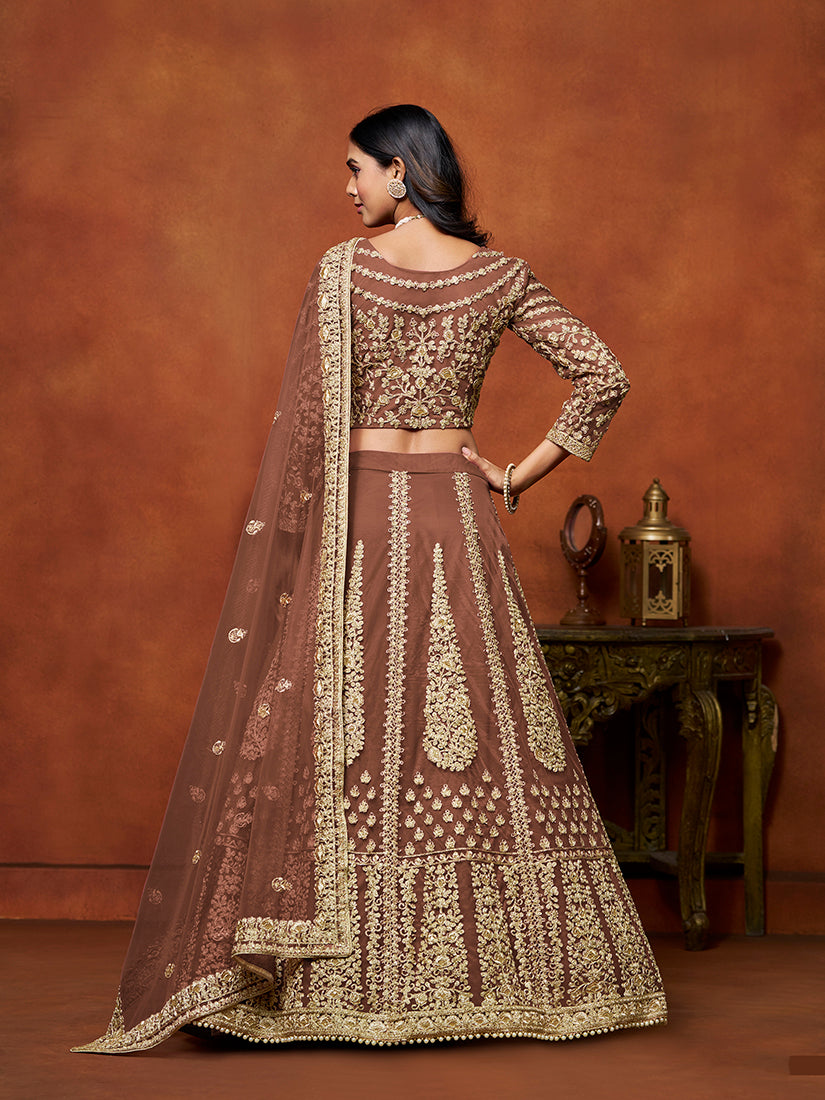 Brown Net Embroidered Designer Lehenga Choli for Festive Wear