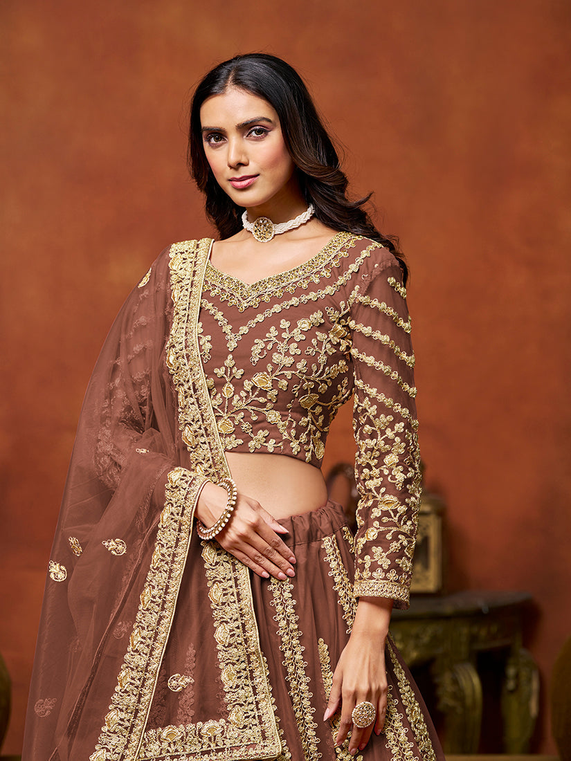 Brown Net Embroidered Designer Lehenga Choli for Festive Wear