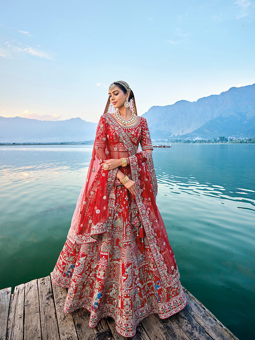 Red Silk Embroidered Bridal Lehenga Choli with Zari Work