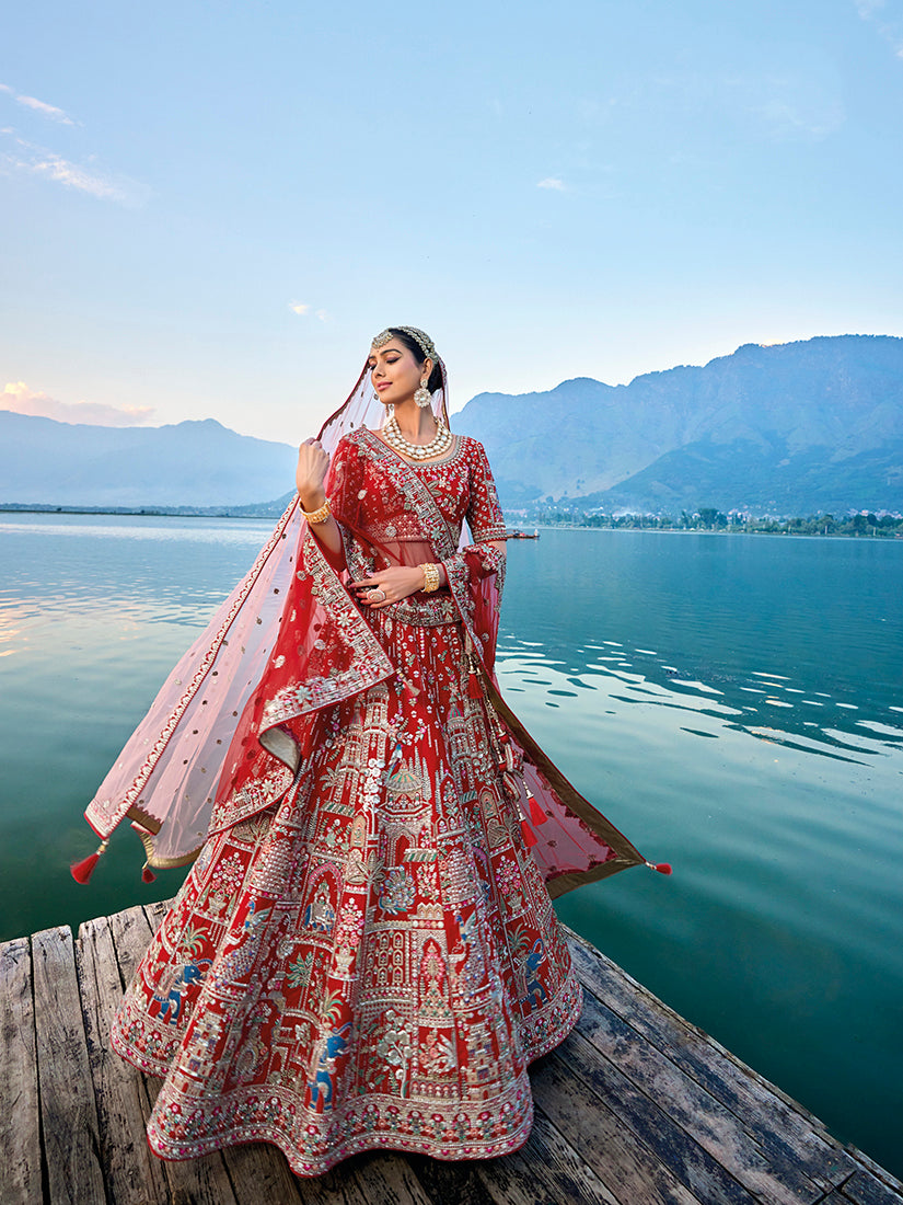 Red Silk Embroidered Bridal Lehenga Choli with Zari Work