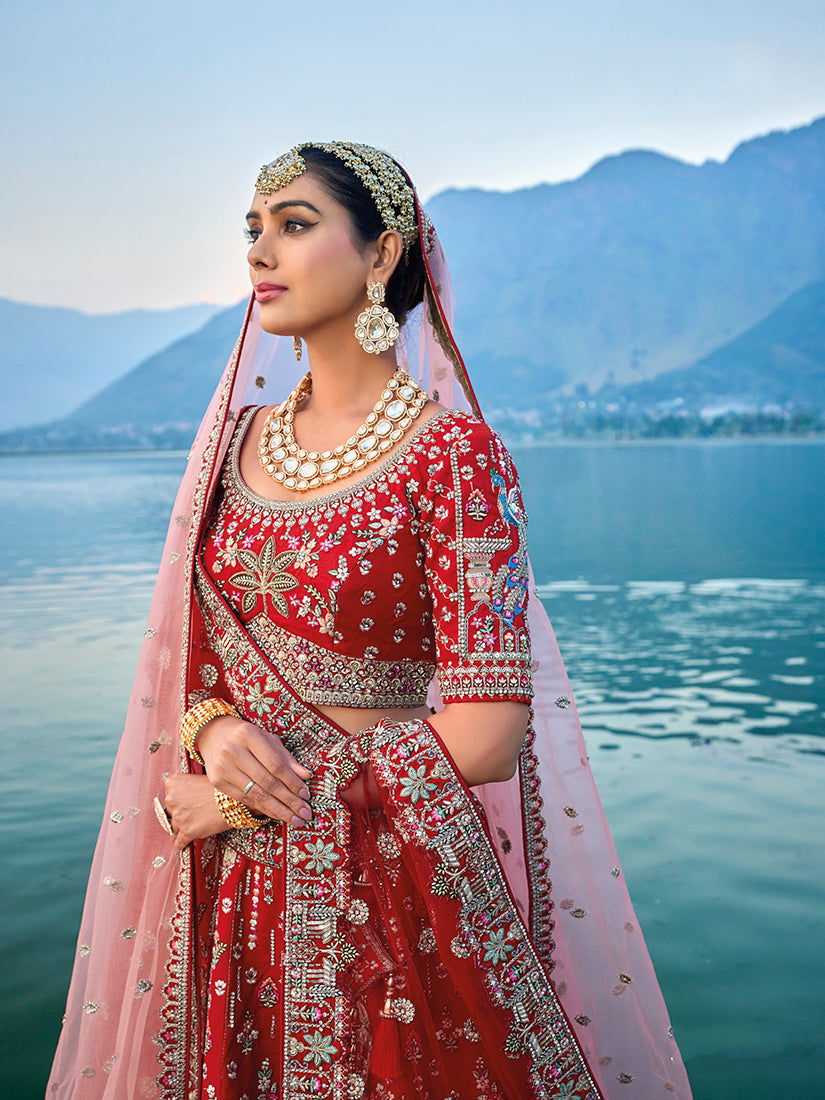 Red Silk Embroidered Bridal Lehenga Choli with Zari Work