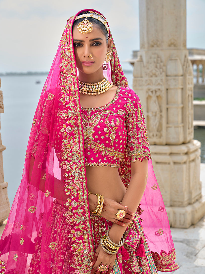 Rani Pink Silk Embroidered Bridal Lehenga Choli with Zari Work