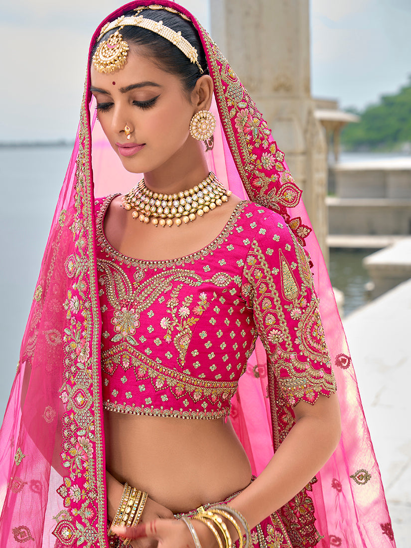 Rani Pink Silk Embroidered Bridal Lehenga Choli with Zari Work