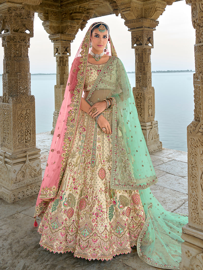 Cream Silk Embroidered Bridal Lehenga Choli with Zari Work