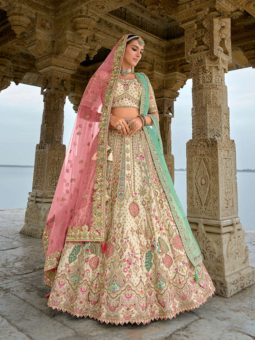 Cream Silk Embroidered Bridal Lehenga Choli with Zari Work