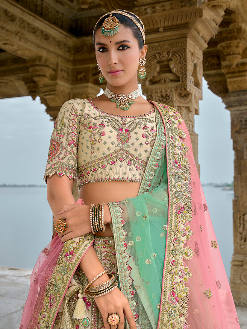 Cream Silk Embroidered Bridal Lehenga Choli with Zari Work