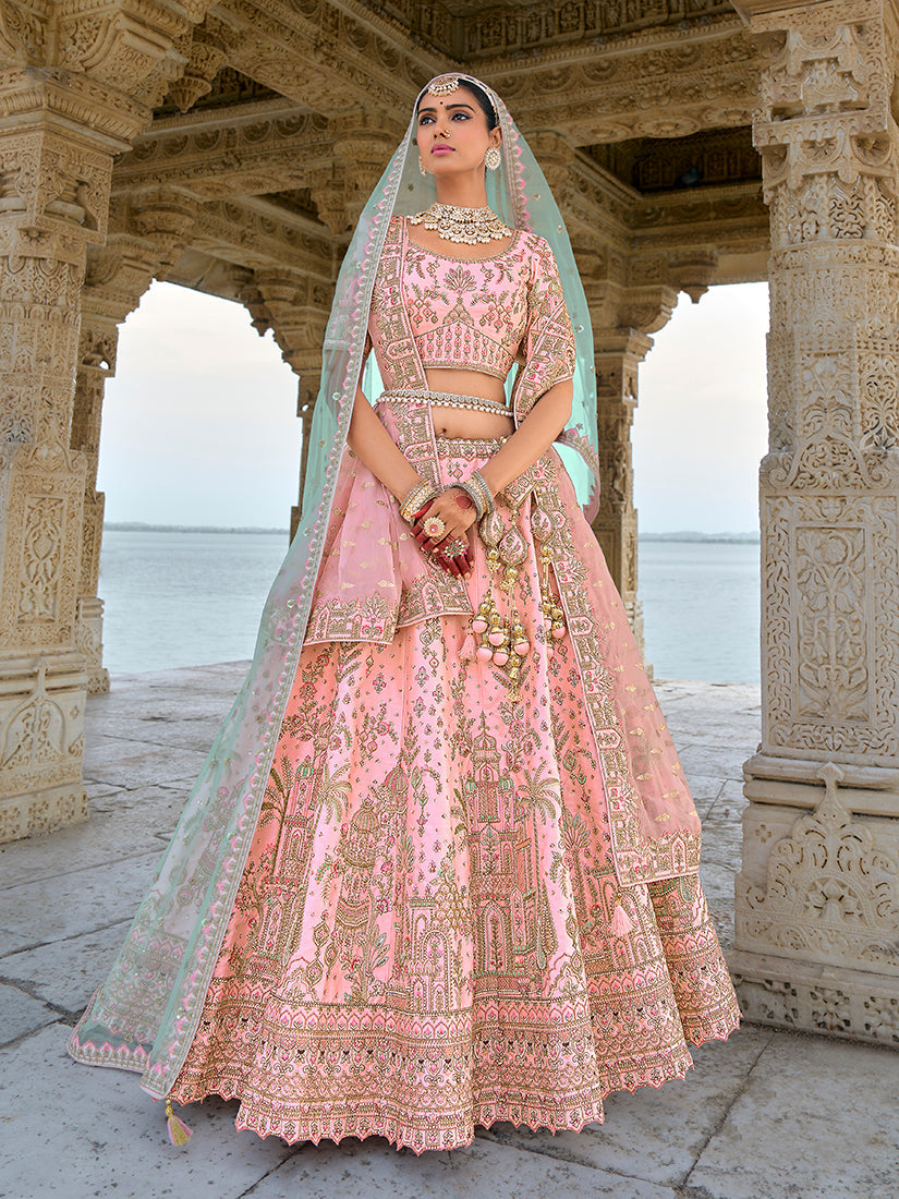 Light Pink Silk Embroidered Bridal Lehenga Choli with Zari