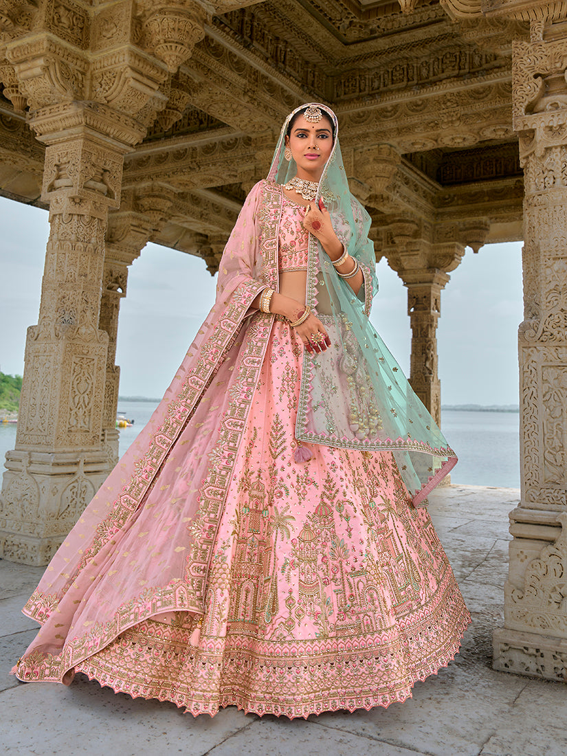 Light Pink Silk Embroidered Bridal Lehenga Choli with Zari