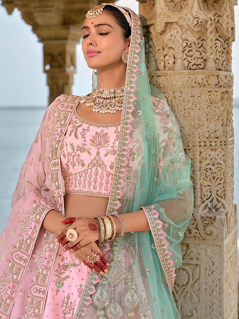Light Pink Silk Embroidered Bridal Lehenga Choli with Zari