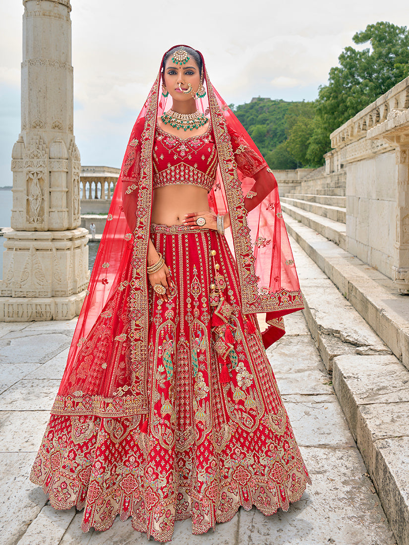 Red Silk Embroidered Bridal Lehenga Choli with Zari Work