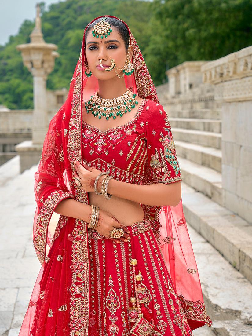 Red Silk Embroidered Bridal Lehenga Choli with Zari Work