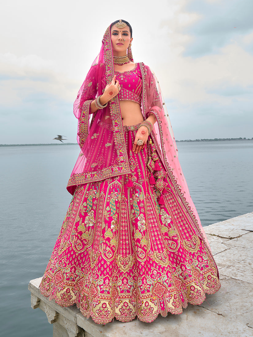 Rani Pink Silk Embroidered Bridal Lehenga Choli with Zari Work