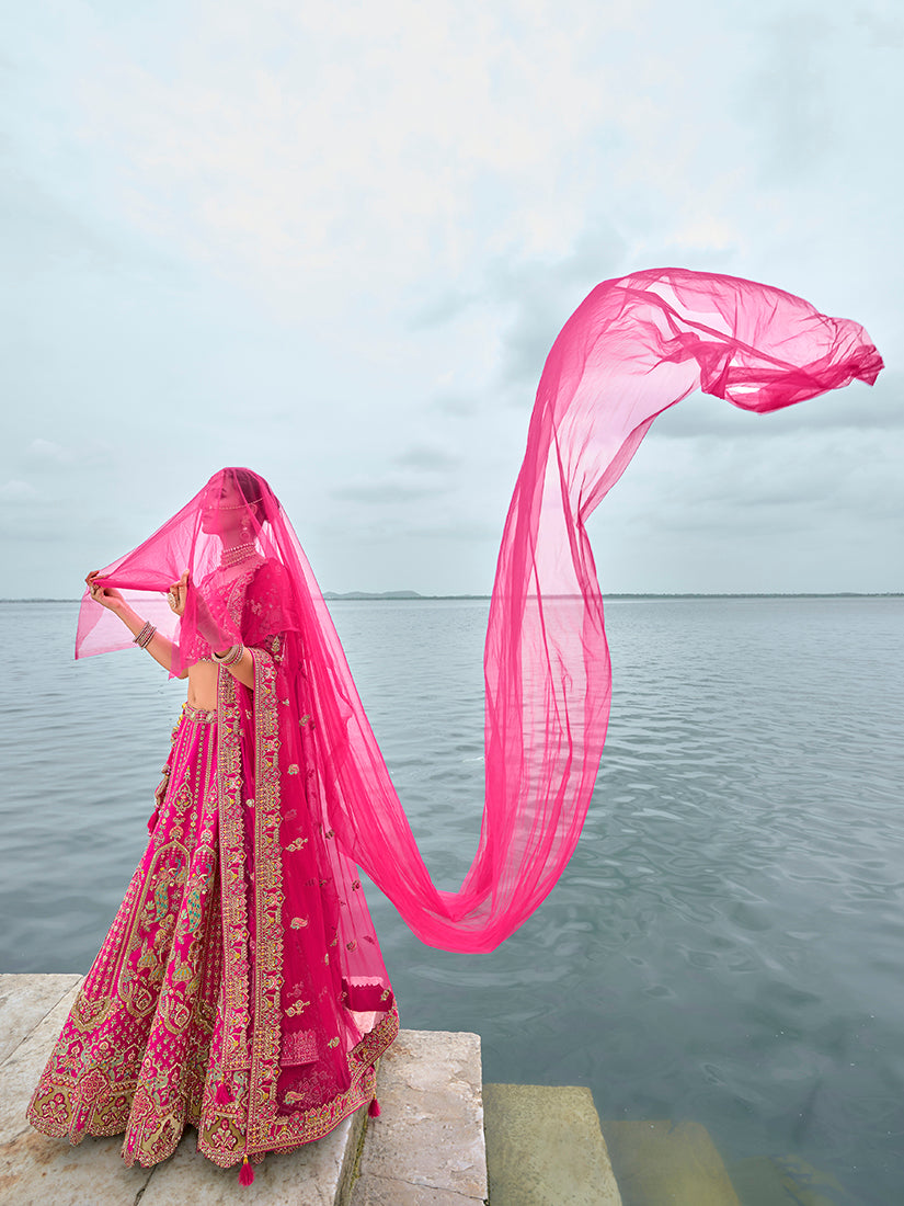 Rani Pink Silk Embroidered Bridal Lehenga Choli with Zari Work