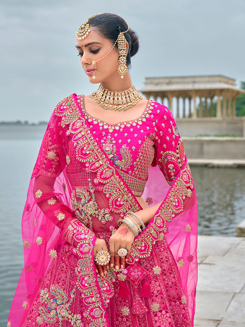 Rani Pink Silk Embroidered Bridal Lehenga Choli with Zari Work