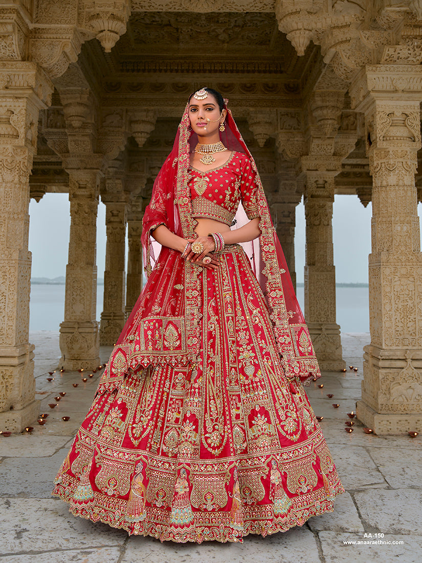 Red Silk Embroidered Bridal Lehenga Choli with Zari Details