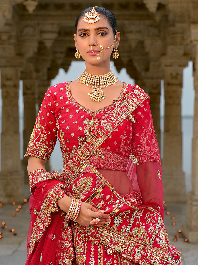 Red Silk Embroidered Bridal Lehenga Choli with Zari Details