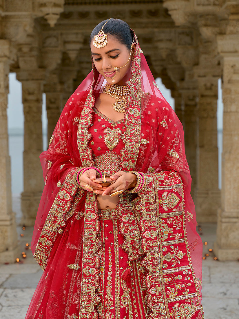 Red Silk Embroidered Bridal Lehenga Choli with Zari Details