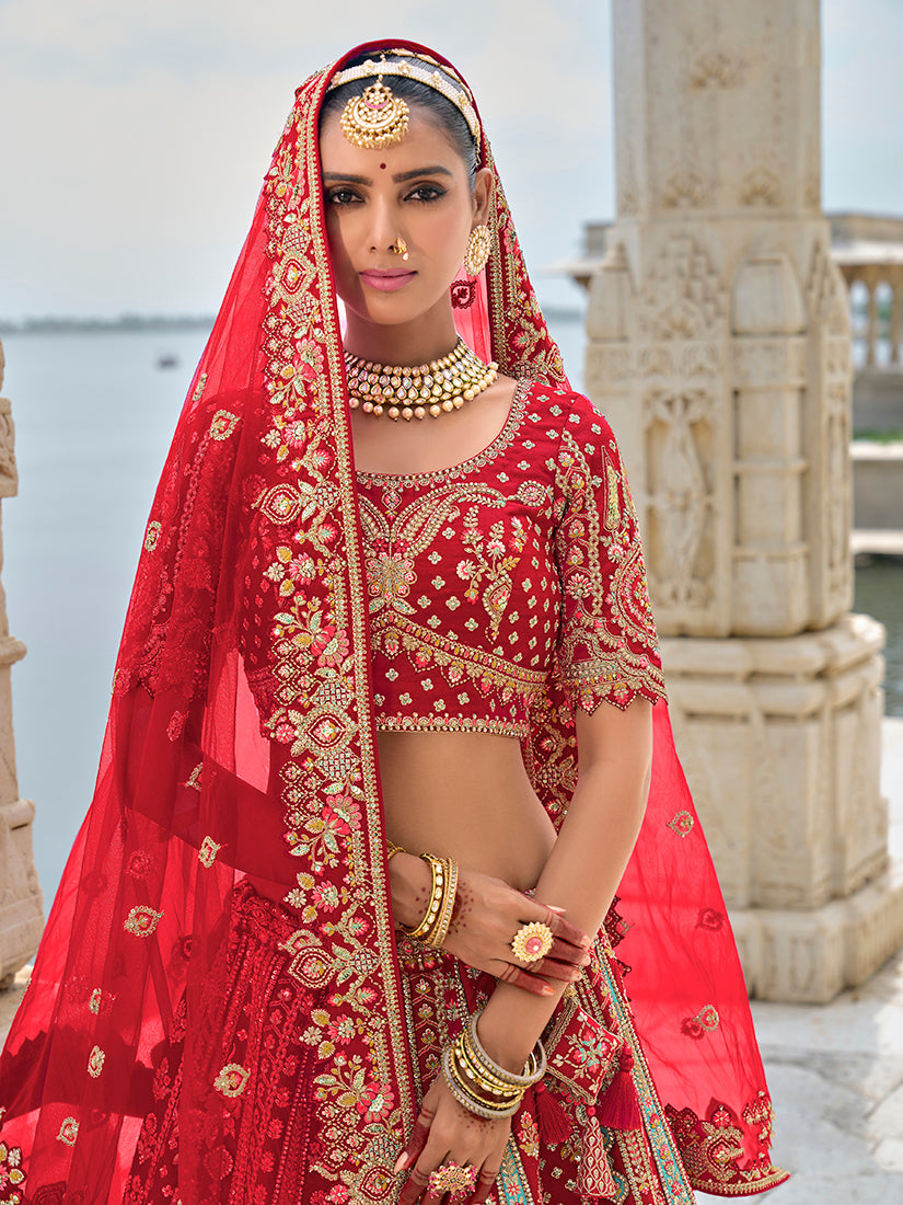Red Silk Embroidered Bridal Lehenga Choli with Zari Work