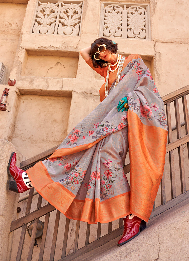 Grey Georgette Digital Print Saree with Ethnic Weaving Work