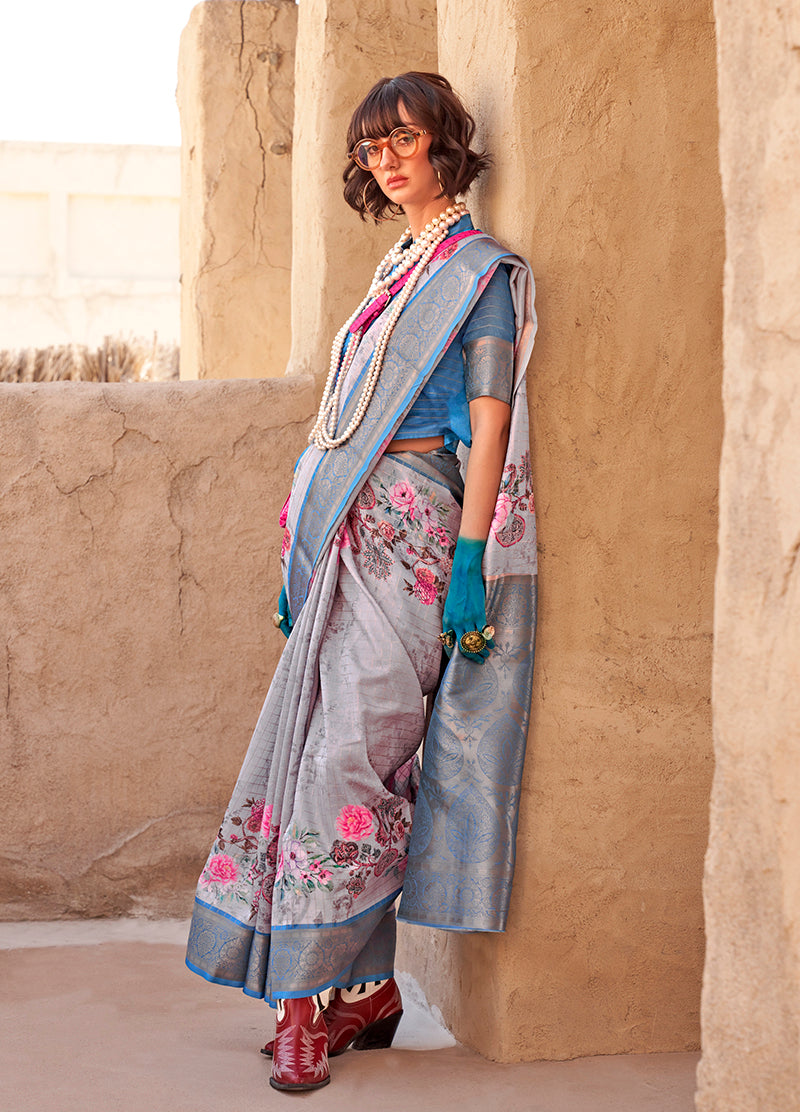 Grey georgette saree with digital print and traditional ethnic weaving border