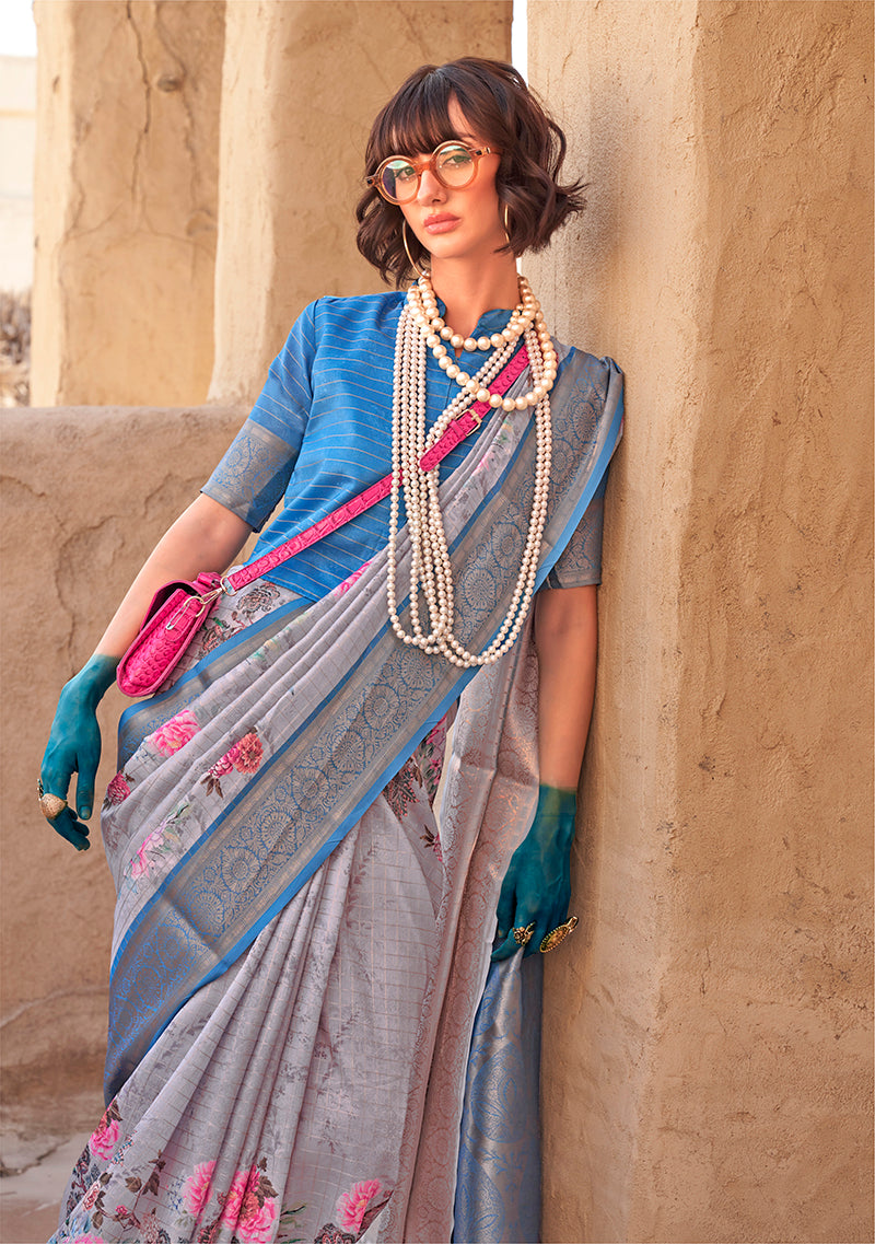 Grey Georgette Digital Print Saree with Ethnic Weaving Work