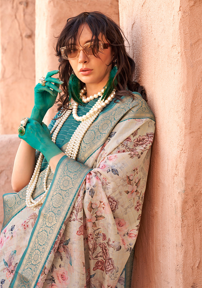 Cream Georgette Saree with Digital Print & Ethnic Weaving Work