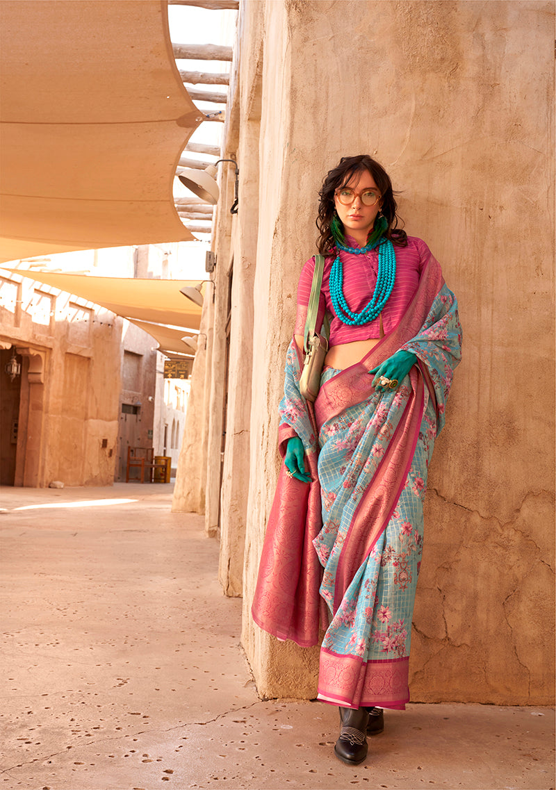 Aqua Blue Georgette Digital Print Saree with Ethnic Borders