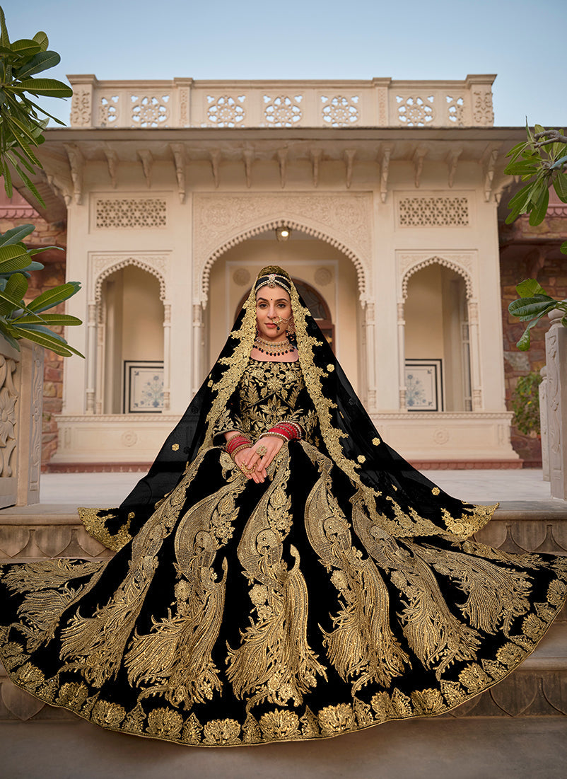 Black Velvet Embroidered Stone Work Wedding Lehenga Choli Set