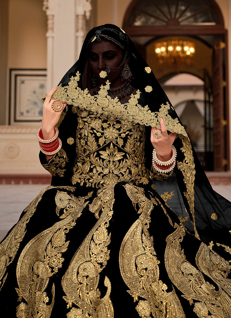 Black Velvet Embroidered Stone Work Wedding Lehenga Choli Set