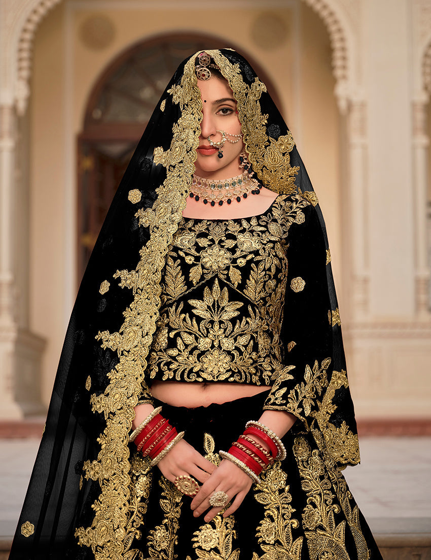 Black Velvet Embroidered Stone Work Wedding Lehenga Choli Set