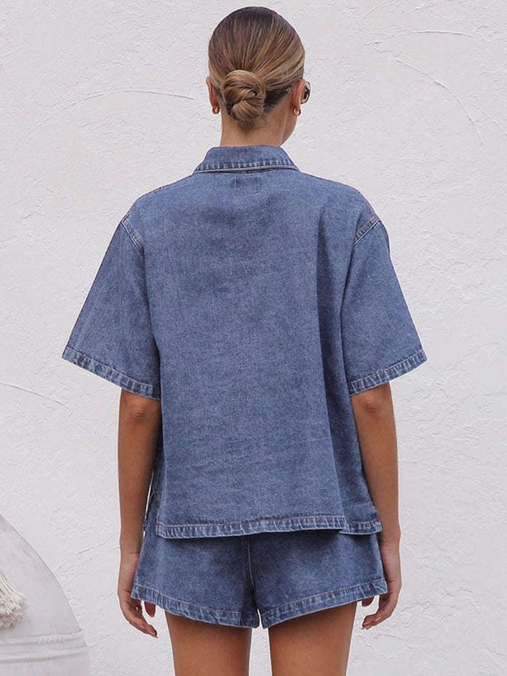 Collared Neck Button Up Top and Shorts Denim Set