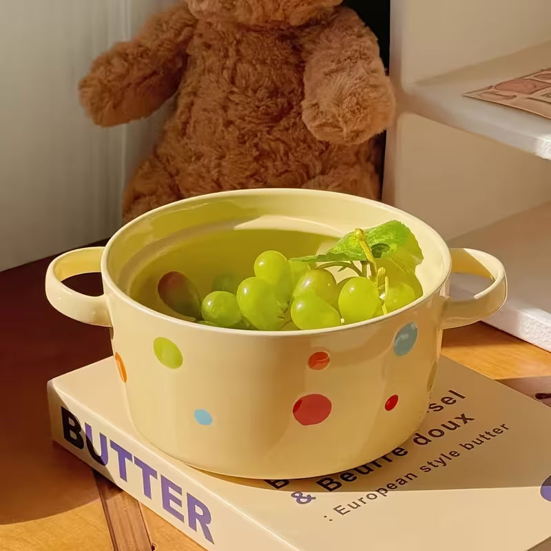 Colorful Polka Dot Ceramic Noodle Bowl with Lid