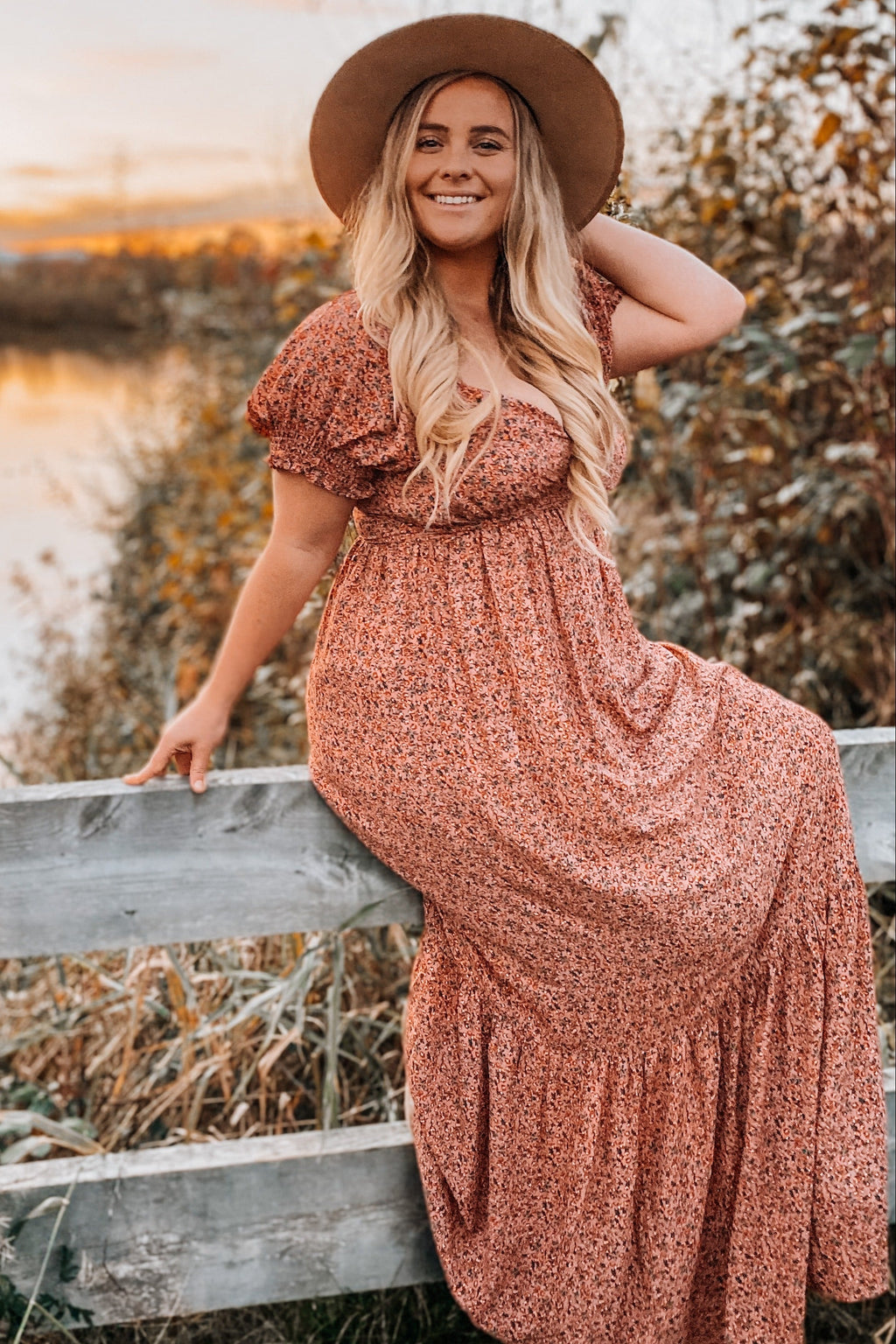 Pink Floral Puff Sleeve Maxi Dress