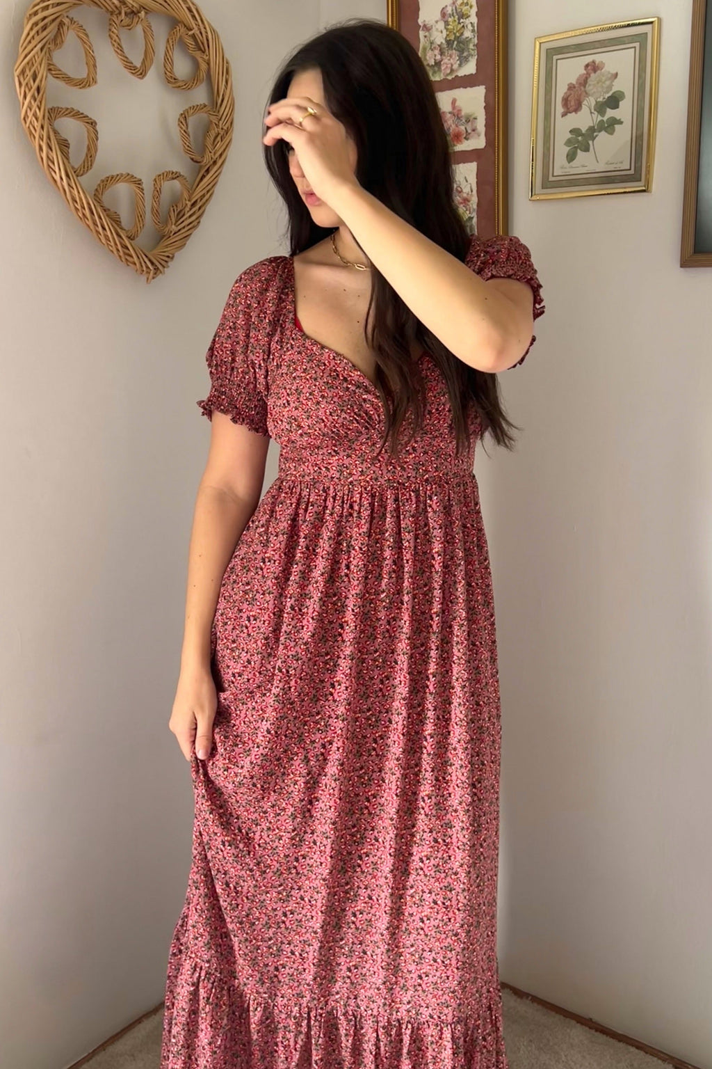 Pink Floral Puff Sleeve Maxi Dress