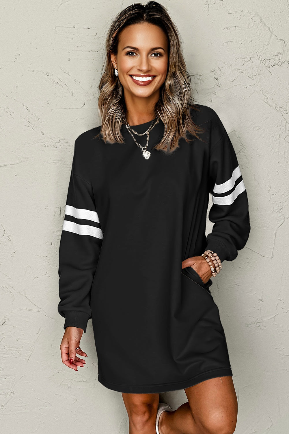 Fiery Red Varsity Contrast Banded Sleeve Shift Sweatshirt Dress