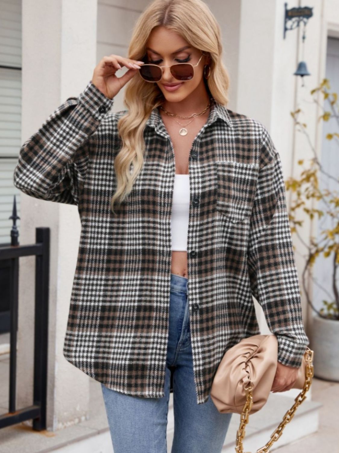 Women's Plaid Button-Down Shirt Oversized Casual Long Sleeve Top - Image 22