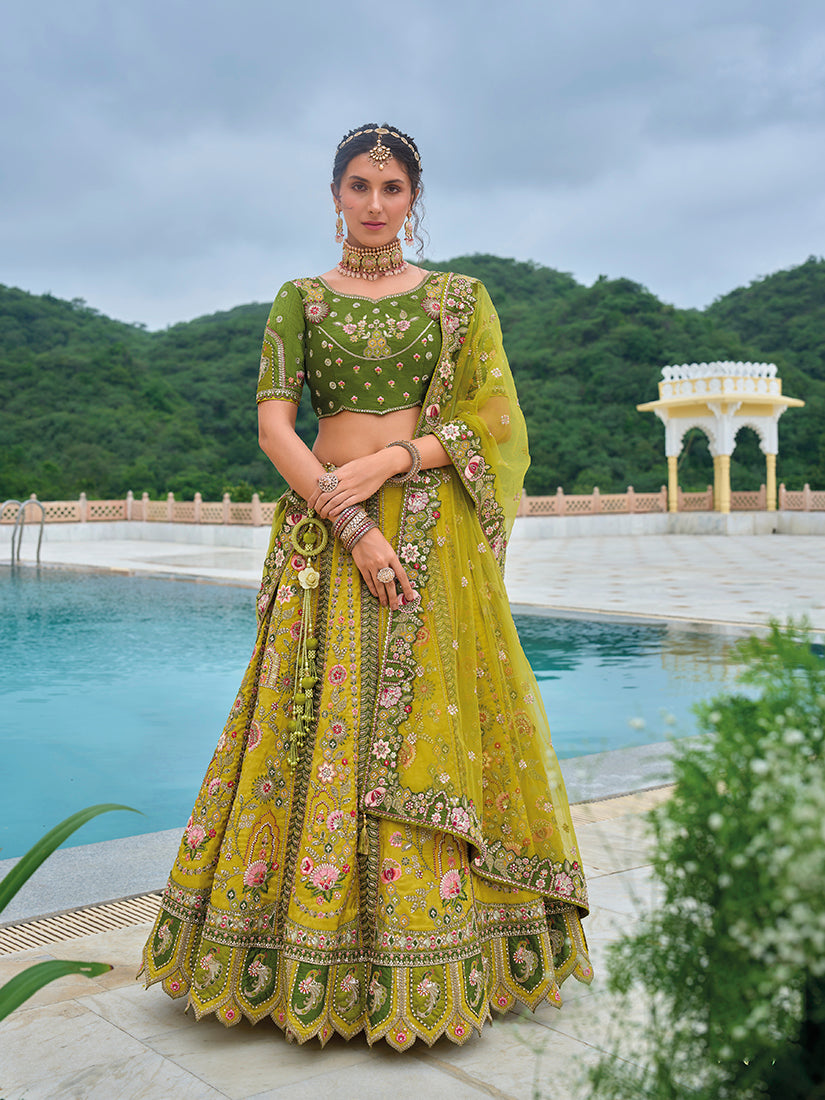 Green and Mehendi Silk Blend Embroidered Lehenga Choli
