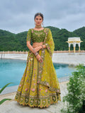 Green and Mehendi Silk Blend Embroidered Lehenga Choli