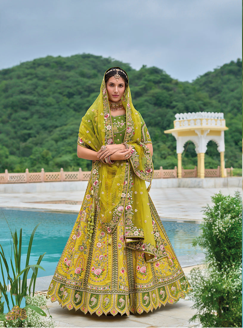 Green and mehendi designer silk blend lehenga choli with sequins and embroidery