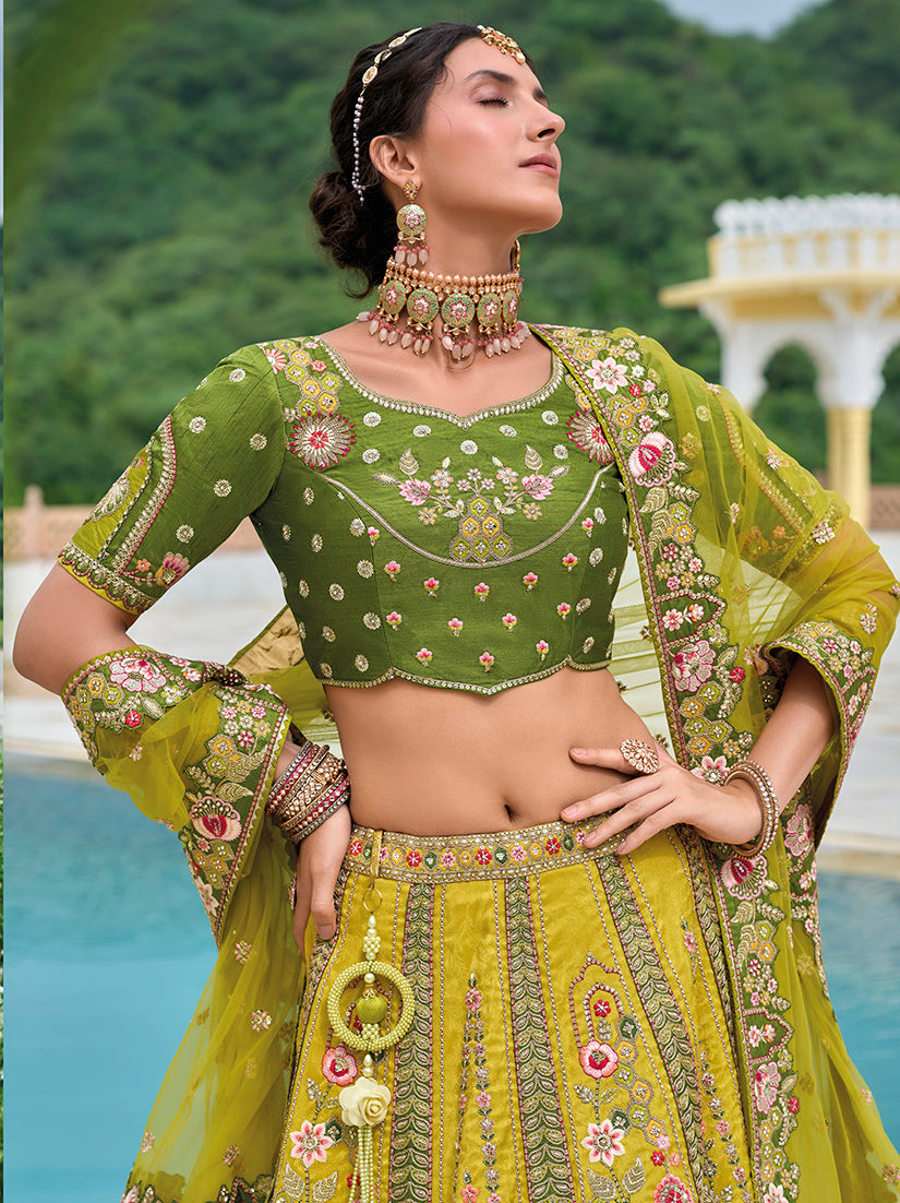 Green and Mehendi Silk Blend Embroidered Lehenga Choli