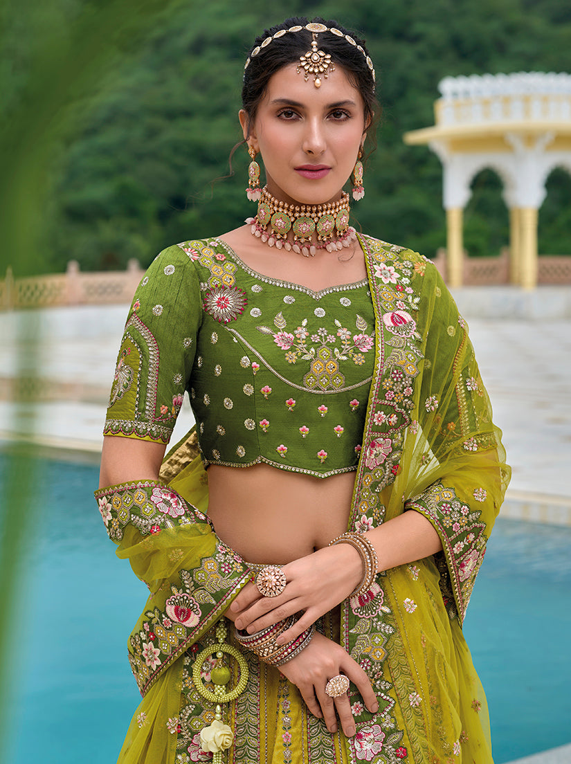 Green and Mehendi Silk Blend Embroidered Lehenga Choli