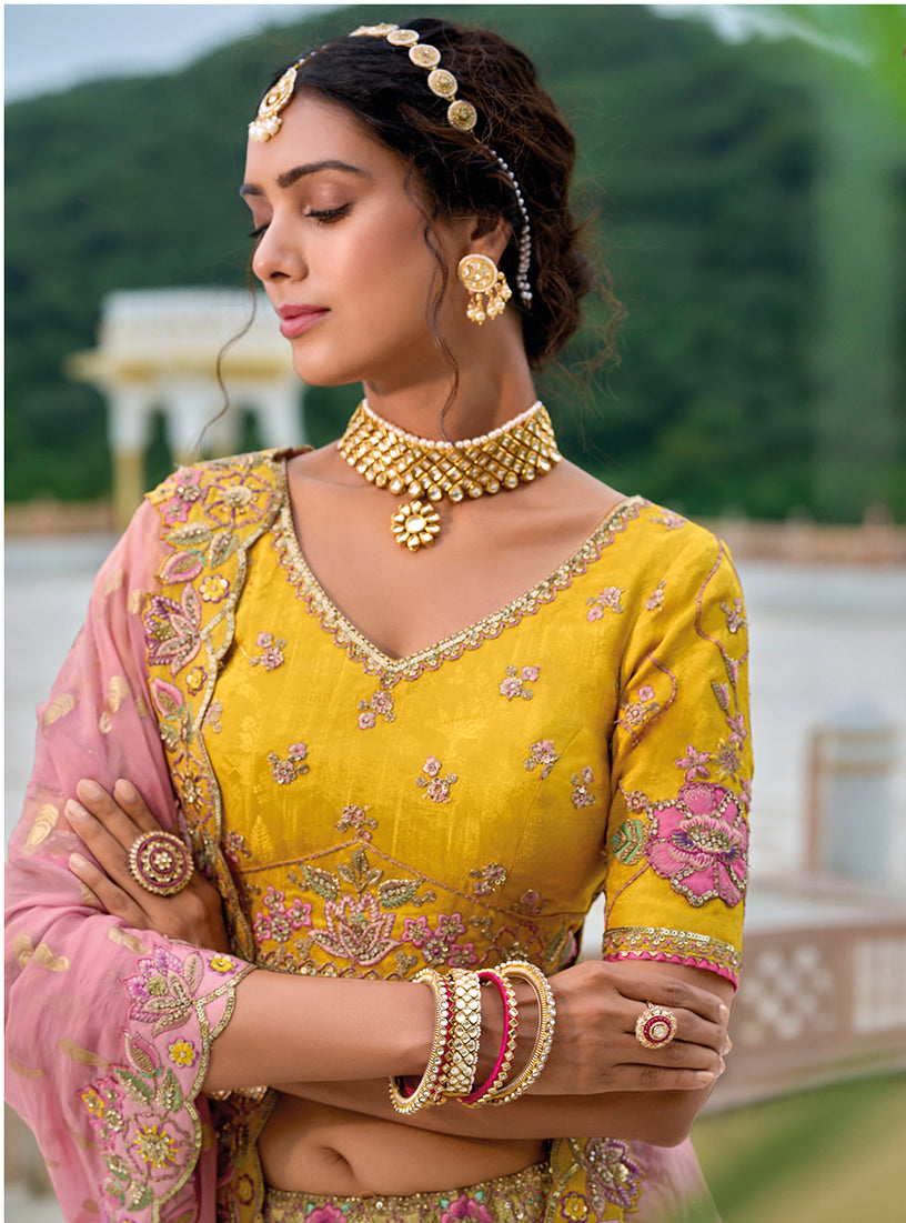 Yellow and Pink Silk Blend Designer Lehenga Choli