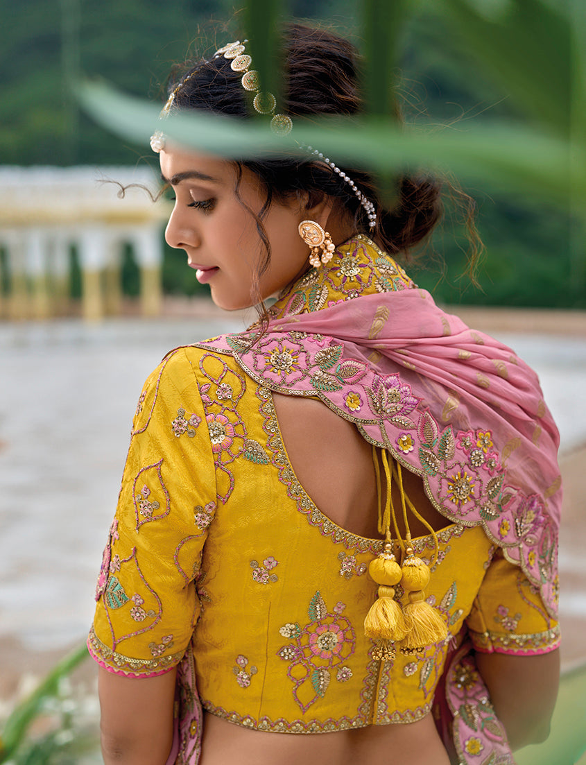 Yellow and Pink Silk Blend Designer Lehenga Choli