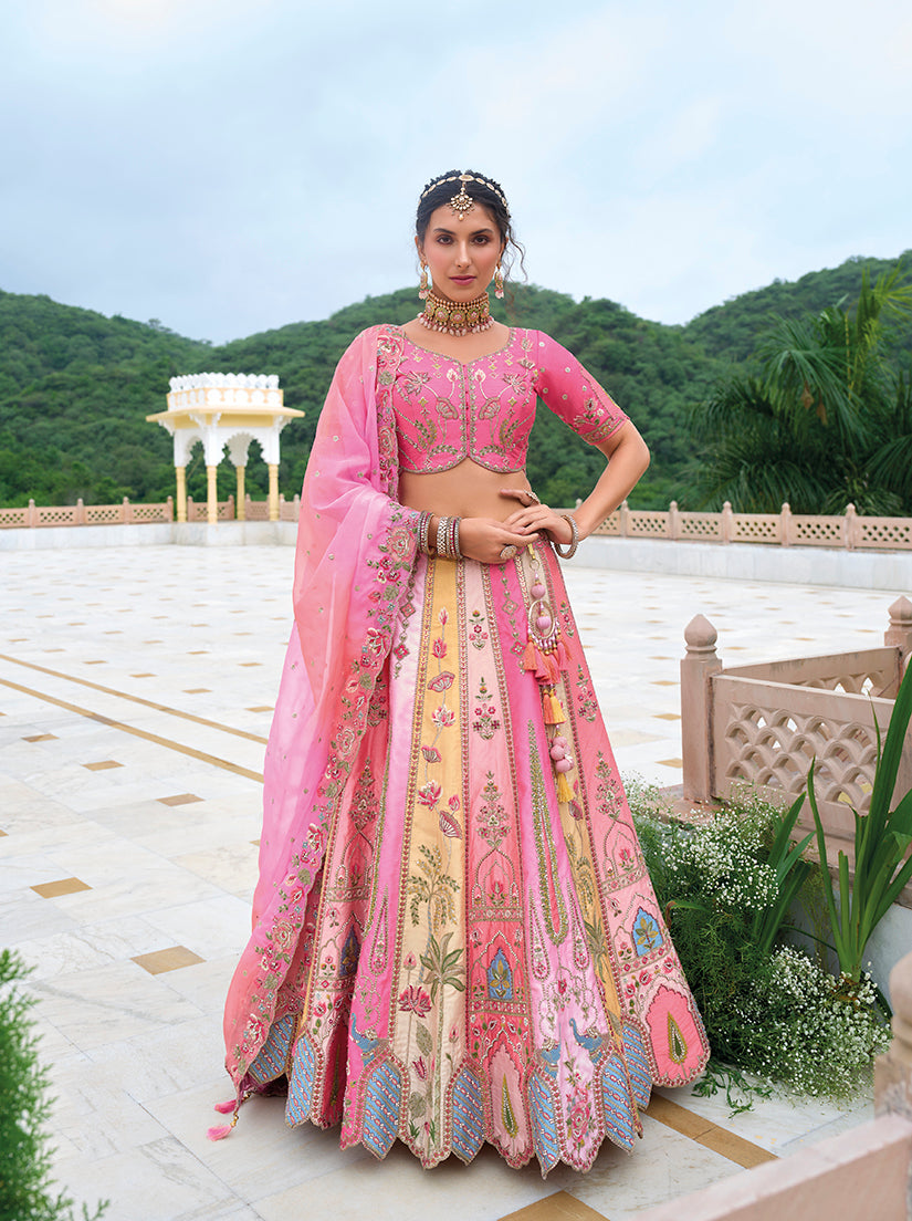 Pink silk blend lehenga choli featuring trendy sequin embroidery.